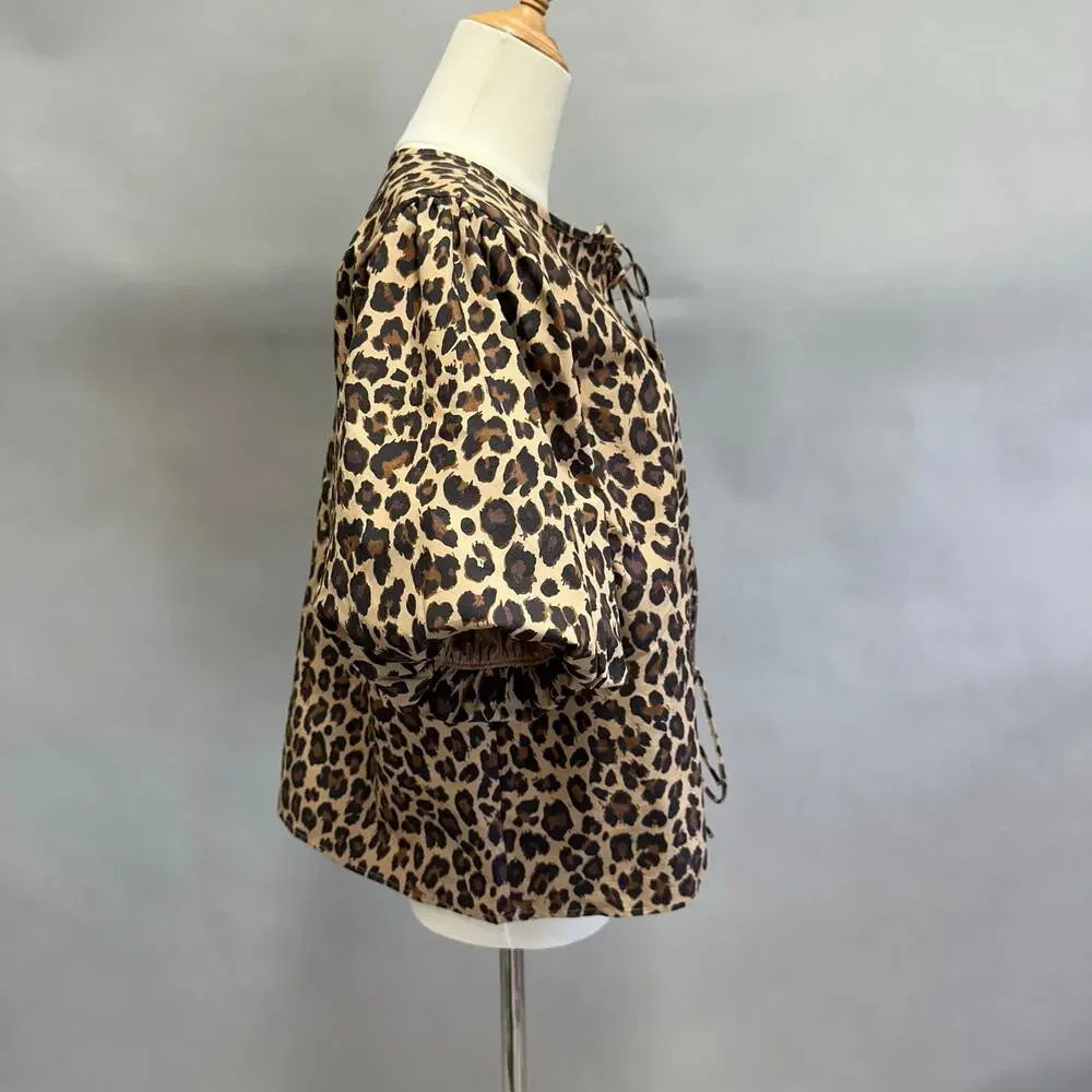 Abercrombie‎ & Fitch Short-Sleeve Tie-Front Top Leopard Print Size Large NWT